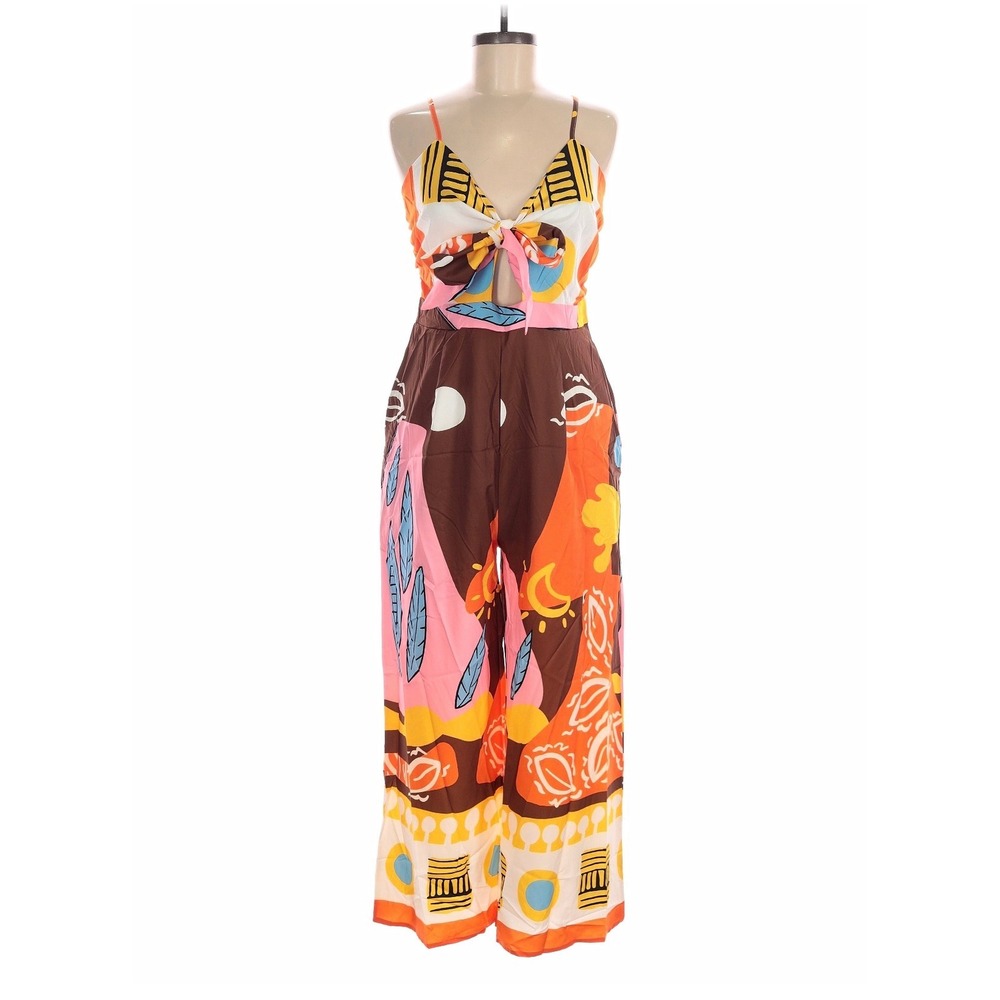 ESEA Womens Abstract Print Wide Leg Jumpsuit Tie Front Cutout Multi Color Size 8